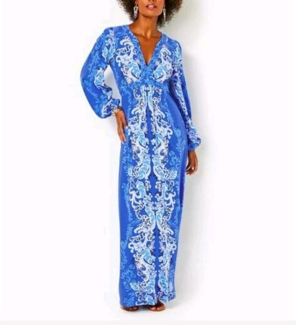 Lily Pulitzer Wexlee Blue Floral Long Sleeve V Neck Maxi Dress Size 8 Resortwear